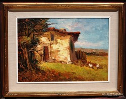 Elio corsi: old house (Tuscany) - oil painting in original frame