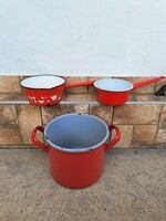 Enamel pot with handle, red village rustic decoration, enamelled
