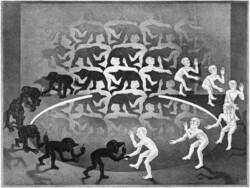 M. C. Escher graphic: meeting reprint print, man walking in a circle geometric game black and white