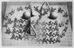M. C. Escher graphic: magic mirror reprint print, winged lion geometric toy black and white