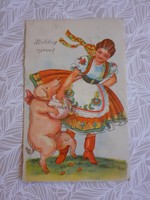 Old New Year's postcard with drawing vintage postcard lucky pig folk costume