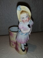 "Kalapos kislány", antik porcelán figura, fogpiszkáló tartó,
