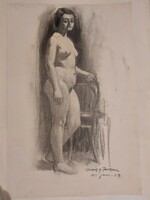 Signed graphic pencil and charcoal drawing by the painter Ferenc Nagy - female nude from 1915 -380