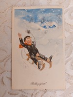 Old New Year postcard style postcard with chimney sweep sledge snowy landscape