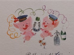 Old mini postcard new year postcard greeting card pig clover wine soda horseshoe new year