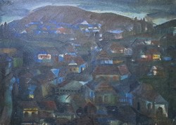 János Pataki: Bükkszentkereszt (picture gallery oil painting) evening street view