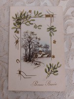 Old New Year's card postcard mistletoe clover lucky horseshoe snowy landscape