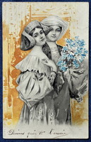 Antik A&M B grafikus képeslap  hölgyek történelmi ruhában