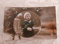 Old New Year's postcard 1918 children's photo postcard mistletoe