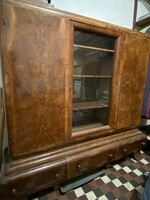 Old large bookcase in 3 parts, glass in the middle, lockable, with 3 large drawers