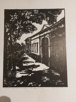 ! Nagy Vince festő-grafikus szignált linómetszete - utcakép 1973-ból -387