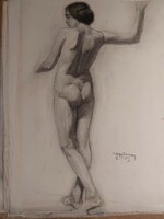 Signed graphic pencil and charcoal drawing of the painter Ferenc Nagy - female nude from the 1910s -381