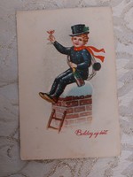 Old New Year postcard 1938 postcard chimney sweep clover champagne