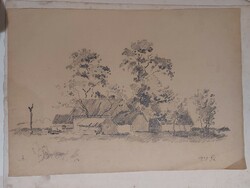 An unsigned pencil drawing of a farm by graphic artist Ferenc Nagy from 1909 -390