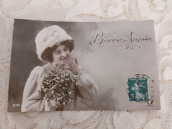 Old New Year postcard 1910 female photo postcard mistletoe