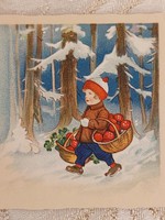Régi újévi mini képeslap levelezőlap üdvözlőkártya kisfiú erdő lóhere gomba