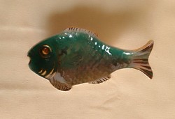 Antique old fish-shaped turquoise green glazed earthenware ceramic bowl with ring holder nipp display case