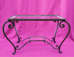 Old wrought iron table or flower stand with glass top, flawless solid piece