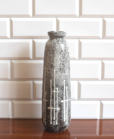 Hungarian retro ceramic vase - on a gray background with a white cross pattern - in the style of János Majoros