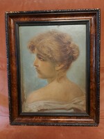 Two-sided female portrait, oil, very thick cardboard, 30x40 cm in a nested frame