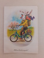Retro húsvéti képeslap 1985 levelezőlap biciklis nyuszi virágokkal