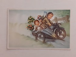 Old postcard 1942 postcard with kids sidecar engine