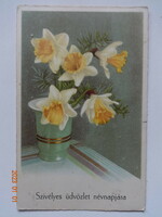 Régi virágos üdvözlő képeslap, nárciszok