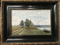Ferenc Ujváry: On the banks of the river with poppies, oil on canvas