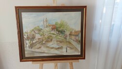 (K) larger watercolor painting 70x57 cm with frame, village detail, with church