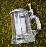 Old tin beer mug with lid 10 x 14 cm + handles, glass