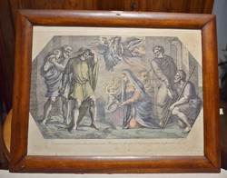 Antik színezett rézkarc Szent család , Jézus születése , Betlehem keretezett kép
