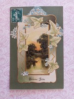 Old postcard embossed postcard ivy leaf forget-me-not landscape