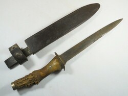 Antik régi vadász vadászati kés tőr szarvas agancs réz nyél eredeti bőr zárható tokjában