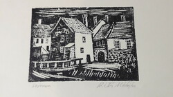 Réti Mátyás Linocut, Cityscape, 1980