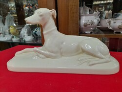 Antique French art deco sarreguemines 1900. Whippet, reclining greyhound porcelain figurine, 31.5 Cm. Sculpture.