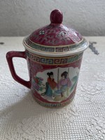 Életképes Kinai kézzel festett porcelán fedeles teás bögre