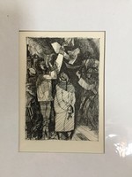 Béla Kondor (1931-1972): etching titled discussion 11 x 8 cm
