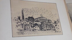 Réti Mátyás ink drawing, Hatvani Sugar Factory RARE!