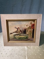 Madaras olaj vászon miniatűr festmény keretben