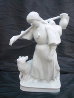 Zsolnay, hófehér ,33cm szobor, Lány kutyával. Nagyméretű, hibátlan.