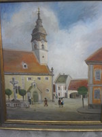 Piri Kálmán (1908-1983) Templom tér c. olaj-vászon alkotása, keretben. Mestere Glatz Oszkár. Jelzett