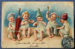 Antik dombornyomott üdvözlő litho képeslap babazenekar bilin