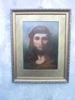 Marked Margit Barkovits 2004, religious painting depicting Jesus, marked, in a frame. Oil carton