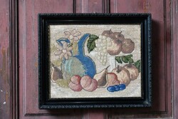 Gobelin gyümölcsök csendélet kép faragott képkeret , üvegezett 52,5 x 44 cm antik