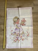 Printed linen tea towel, decorative towel with a baby girl's cage