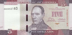 Libéria 5 dollár, 2016, UNC bankjegy