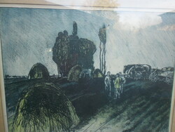 Ernő Tamás (1941-) graphic colored etching, entitled On a hilltop. Signed, framed
