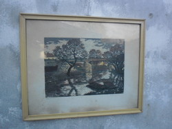 It is a work by an artist unknown to me, entitled Landscape with a bridge. Colored etching. Signed, framed.