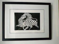 Victor vasarely zebras, screen print with dry stamp f.V.91/150.Frame: 53x41 cm.