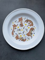 Szép állapotú fém tányér rókákkal, gyerektányér